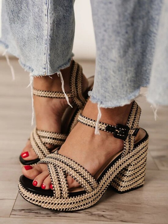 Soda Shoes - New Open Toe Raffia Espadrille Platform Sandals Mary-Jane Ankle Strap Block Heel